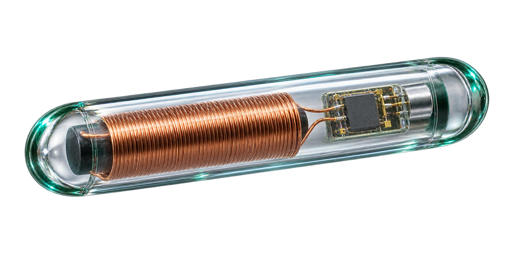 Glass RFID identification transponder with visible internal coil